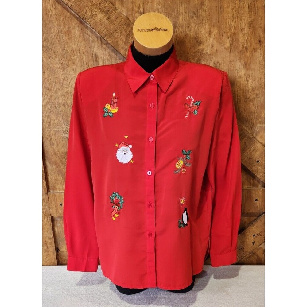 Vintage Blair Shirt Embroidered Red Button Up Christmas Size Medium Grandma Top